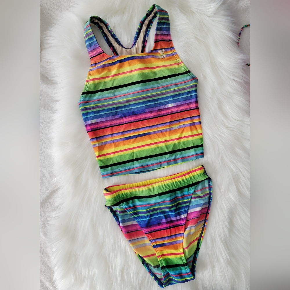 TYR 2 piece rainbow striped swimsuit